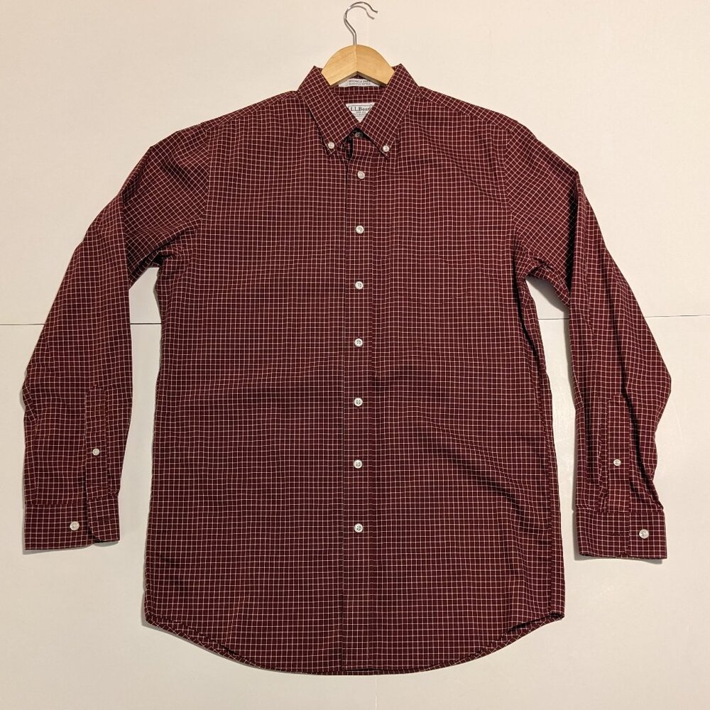 LLBean Slightly Fitted Red Wrinkle-Free Check Shirt Size Medium Tall